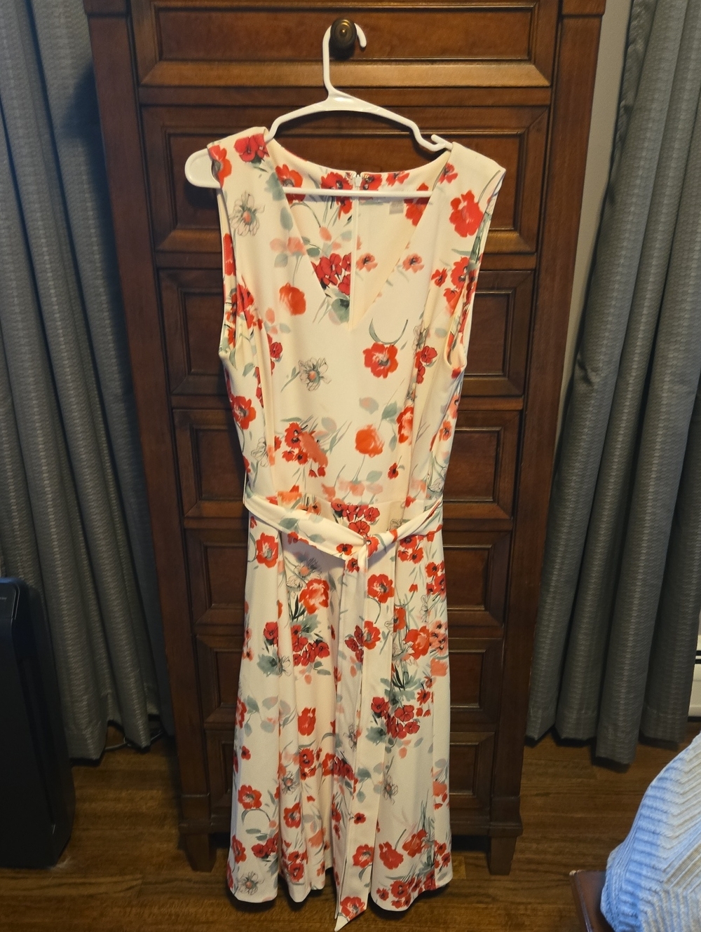 Calvin Klein Cream Midi Dress with Red Floral Print